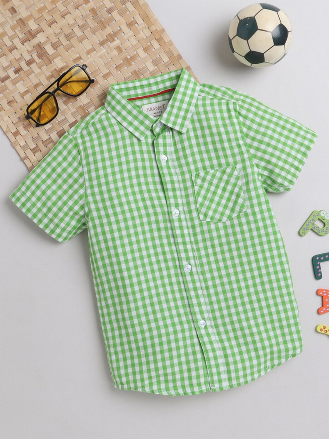 

MANET Boys Gingham Checked Cotton Casual Shirt, Green
