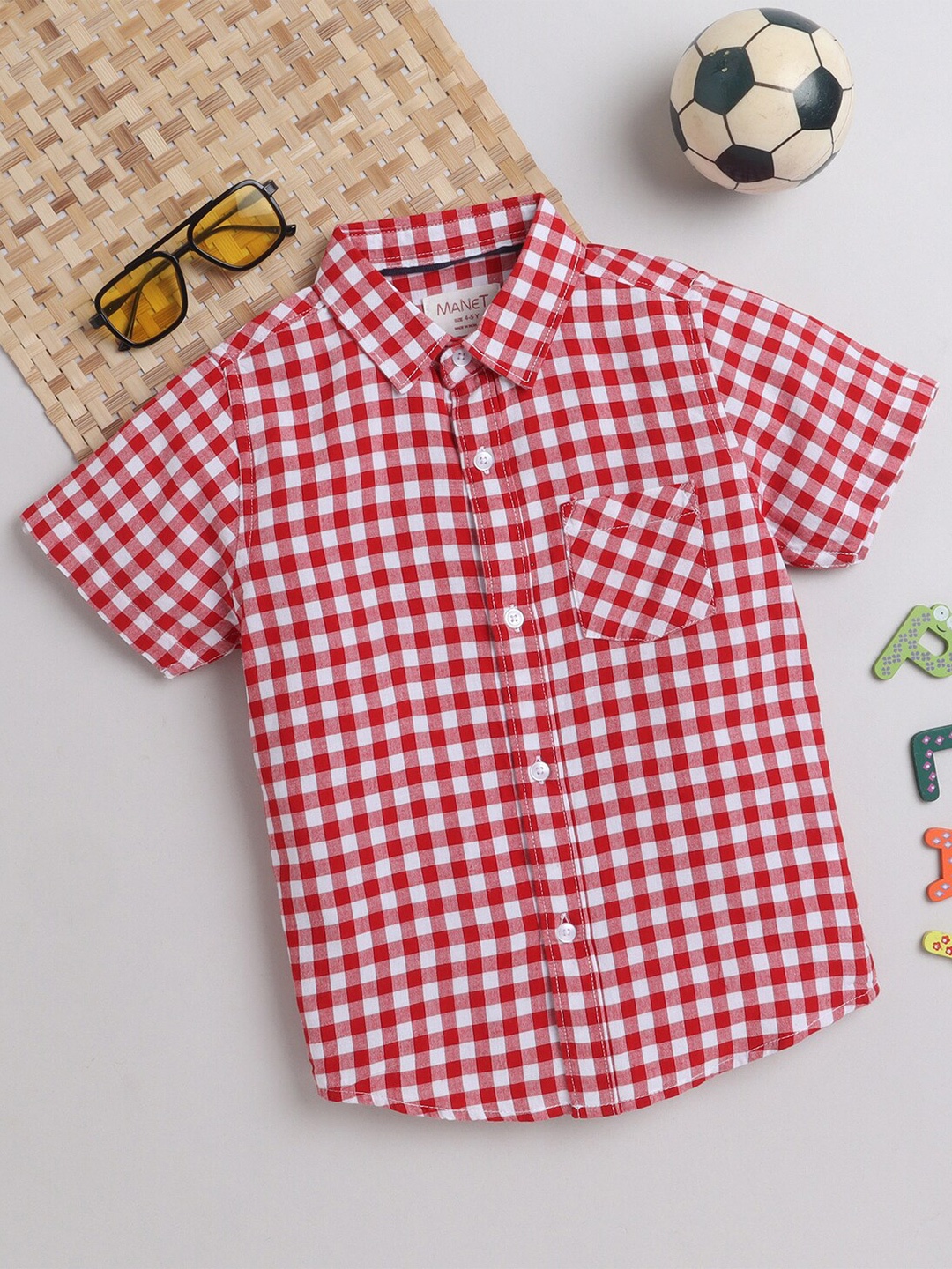 

MANET Boys Gingham Checked Cotton Casual Shirt, Red