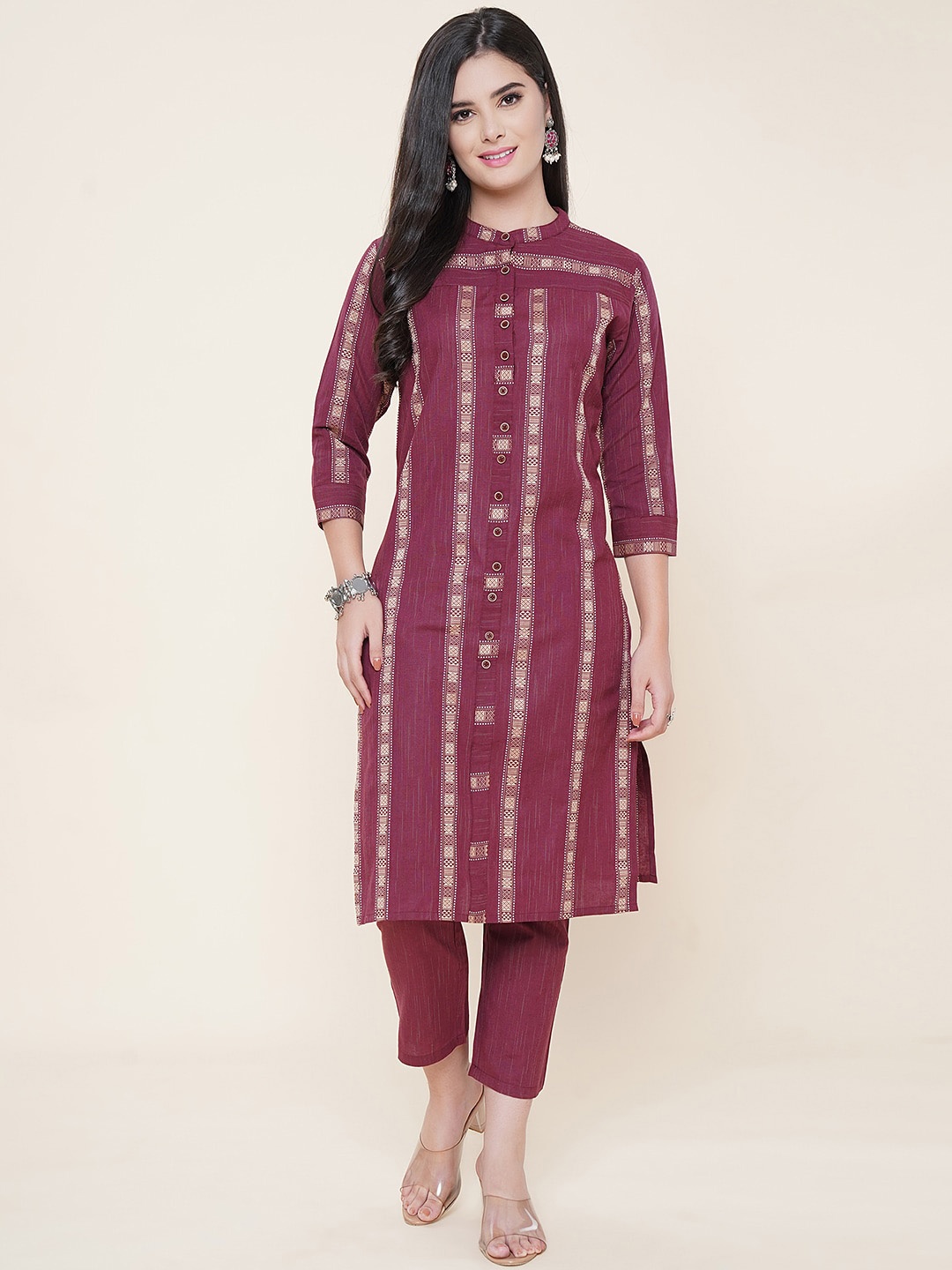 

KALINI Ethnic Motifs Woven Design Mandarin Collar Straight Kurta with Trousers, Maroon