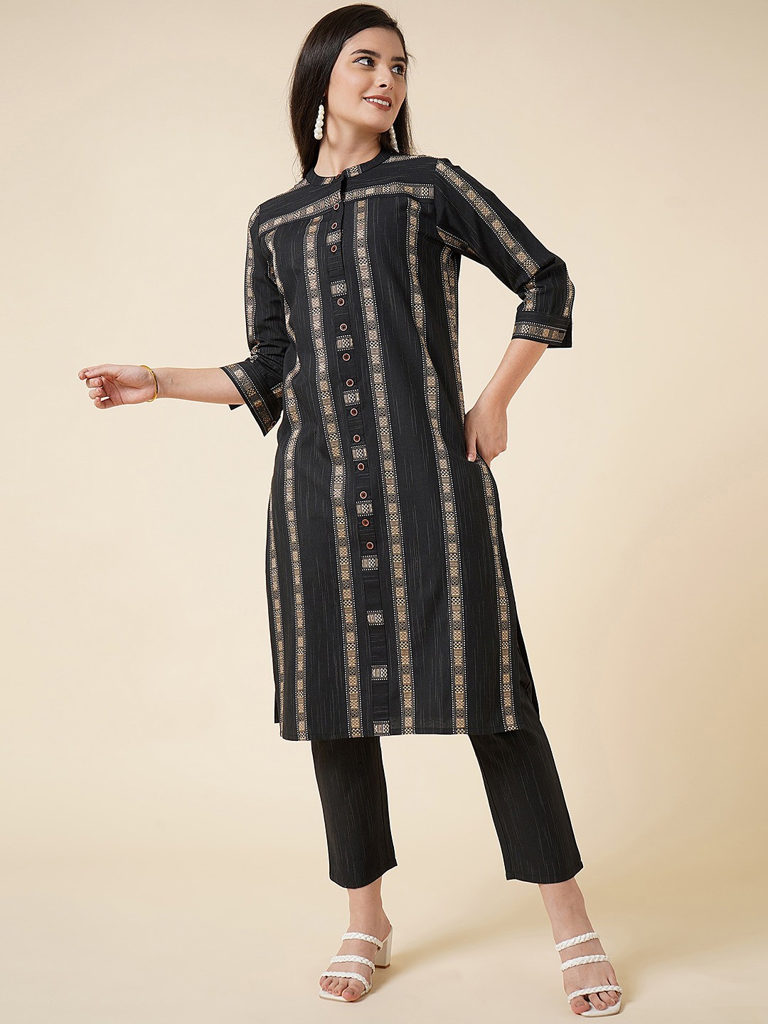 

KALINI Striped Band Collar Kurta with Trousers, Black