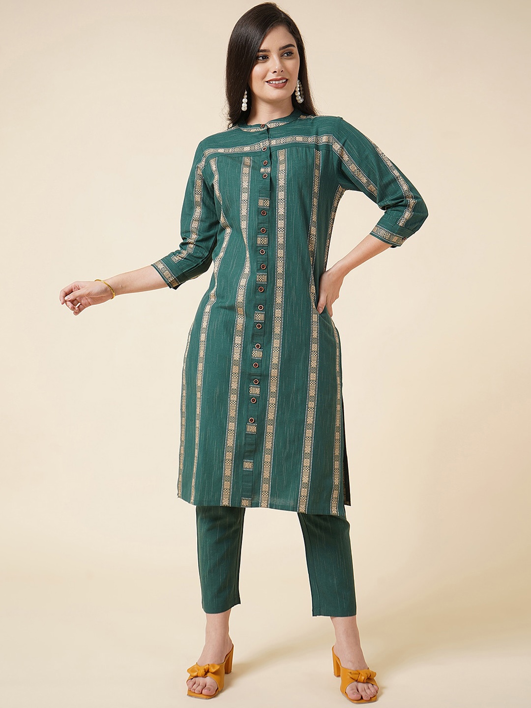 

KALINI Ethnic Motifs Printed Band Collar Regular Kurta with Trousers, Green
