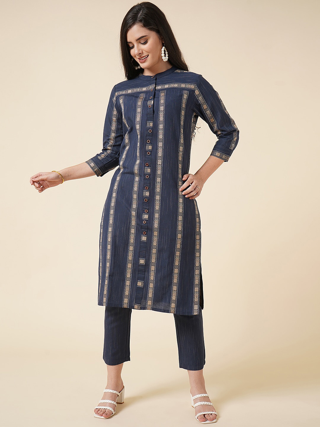 

KALINI Woven Design Band Collar Straight Kurta with Trousers, Navy blue