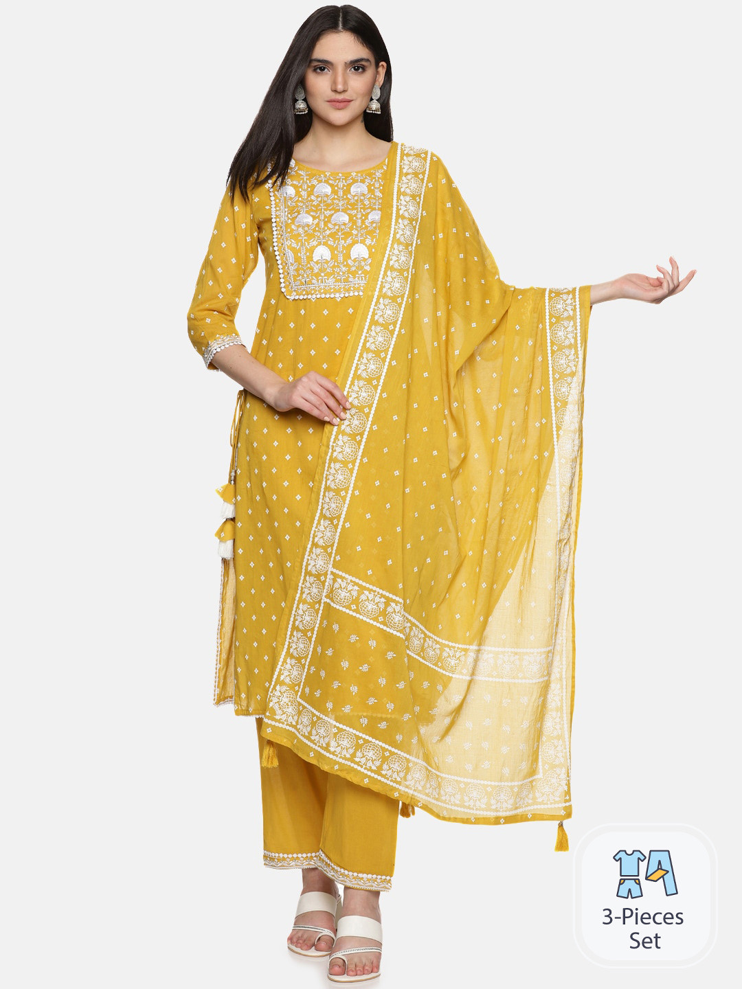 

Palakh Geometric Printed Pure Cotton Kurta With Trousers & Dupatta, Yellow