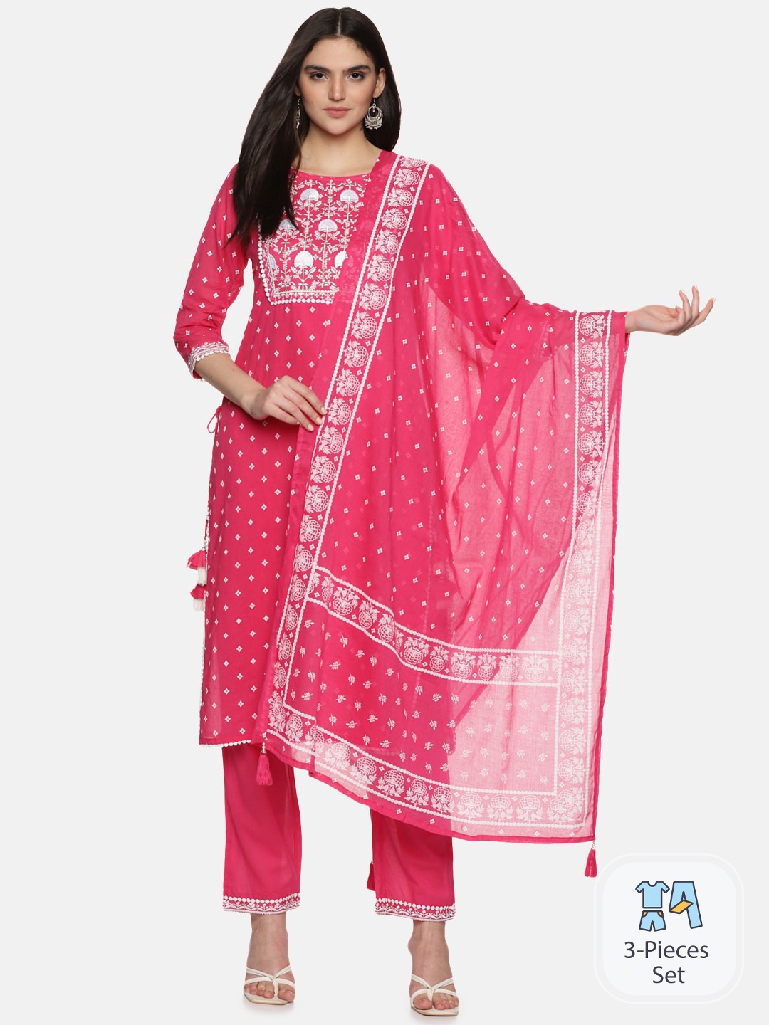 

Palakh Geometric Printed Pure Cotton Kurta With Trousers & Dupatta, Pink