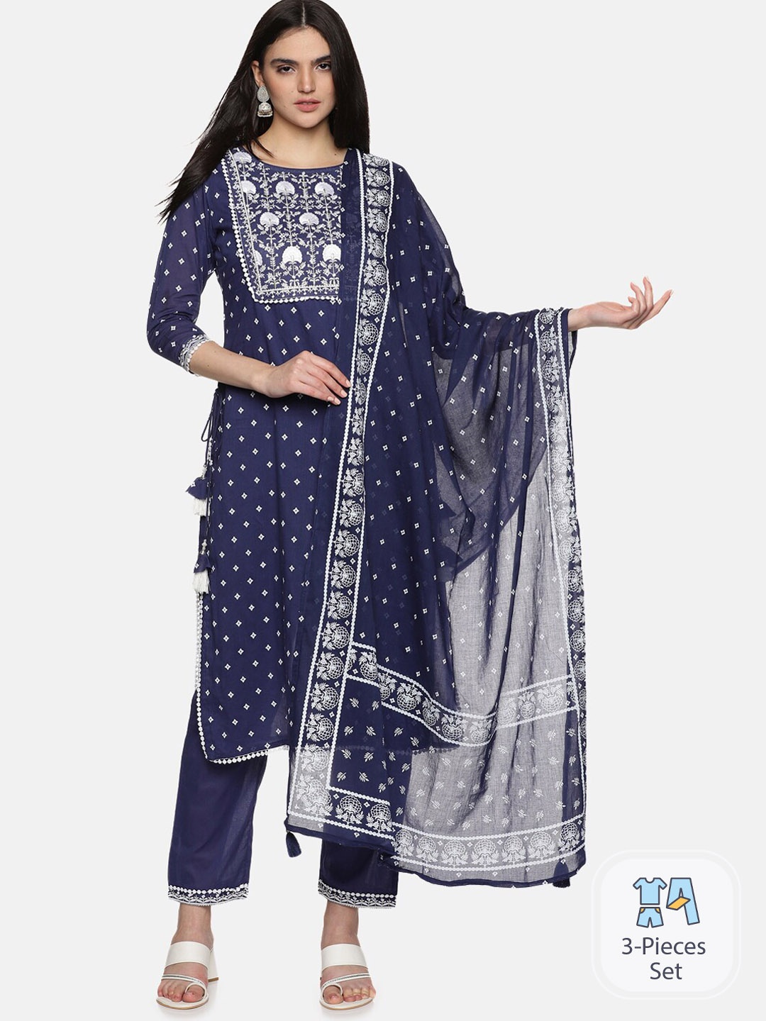 

Palakh Geometric Printed Pure Cotton Kurta With Trousers & Dupatta, Navy blue