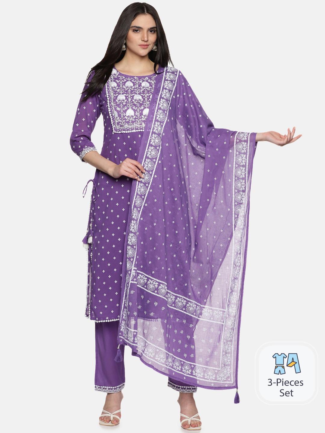 

Palakh Geometric Printed Pure Cotton Kurta With Trousers & Dupatta, Purple