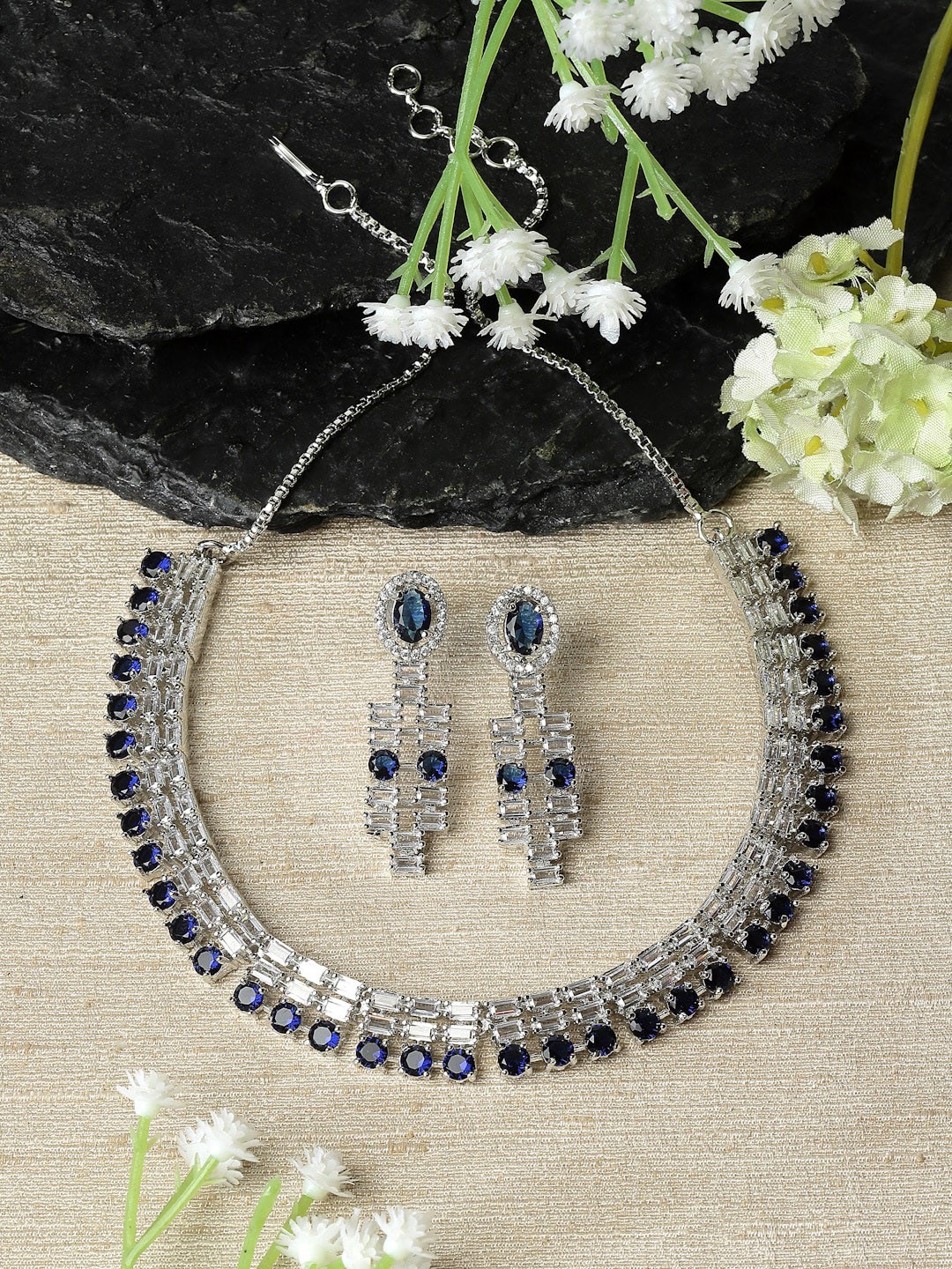 

ZENEME Rhodium Plated American Diamond studded Jewellery Set, Silver