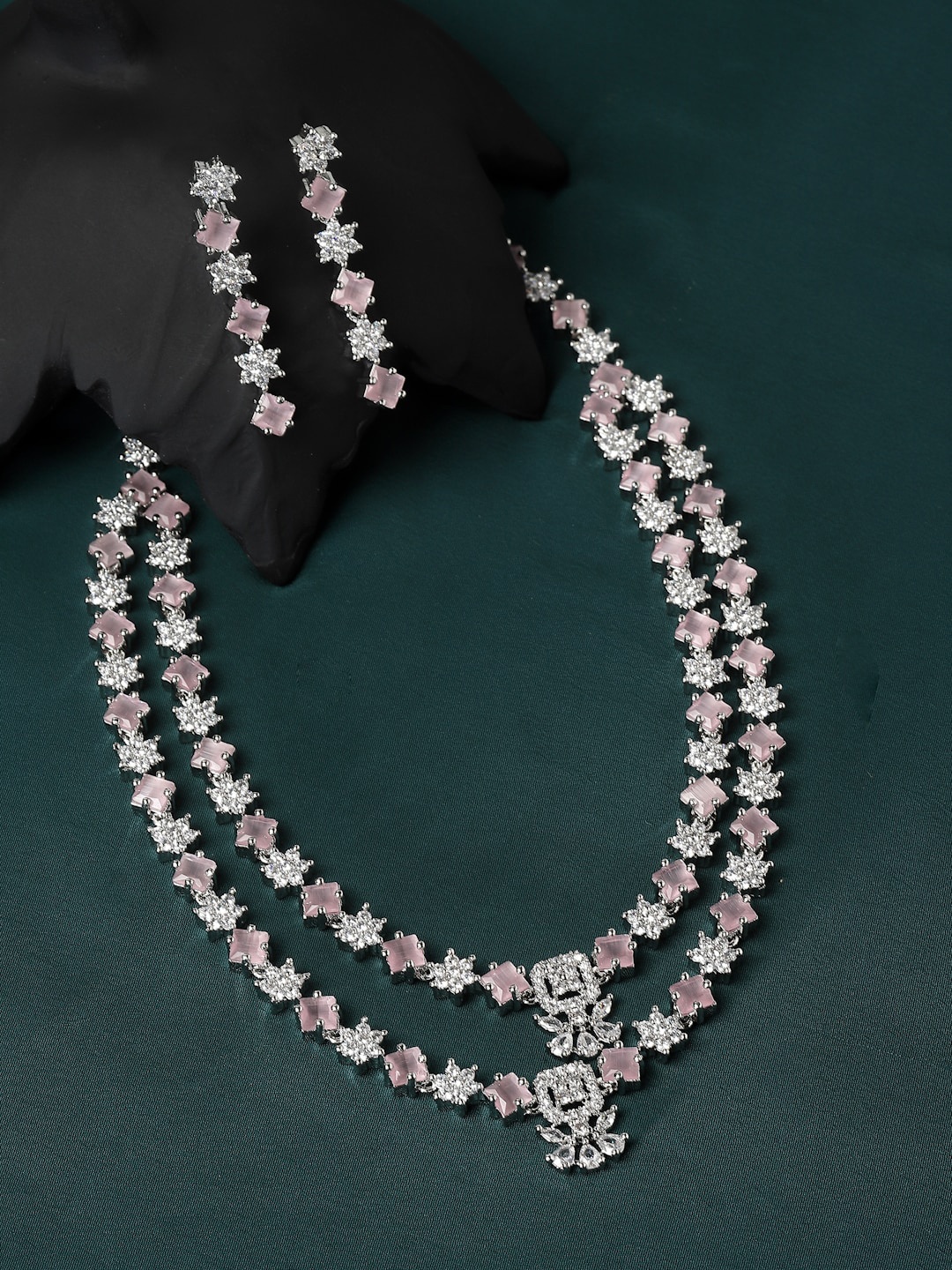 

ZENEME Rhodium Plated American Diamond studded Jewellery Set, Silver