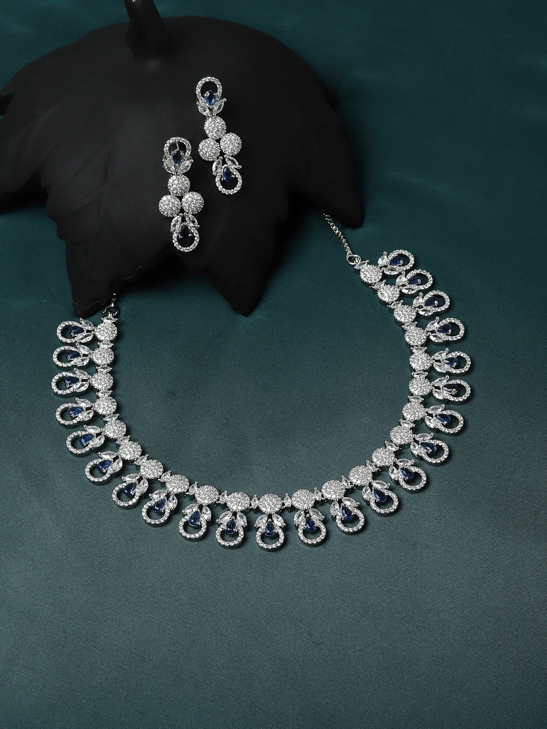 

ZENEME Rhodium-Plated American Diamond Studded Jewellery Set, Silver
