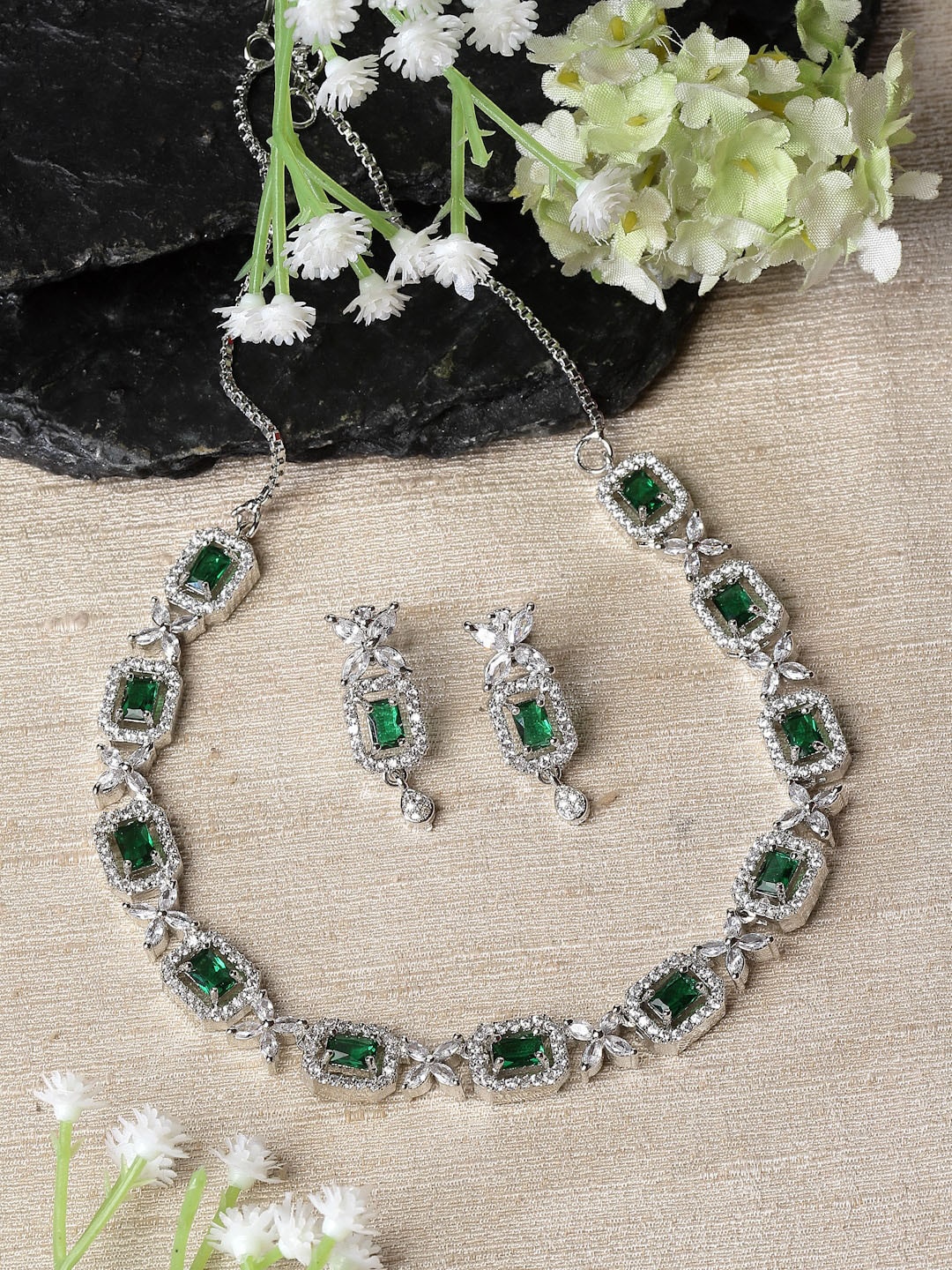 

ZENEME Rhodium-Plated American Diamond Studded Jewellery Set, Silver