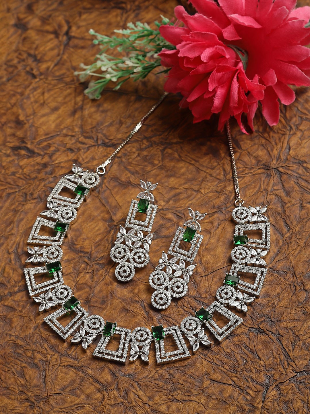 

ZENEME Rhodium-Plated American Diamond Studded Jewellery Set, Silver