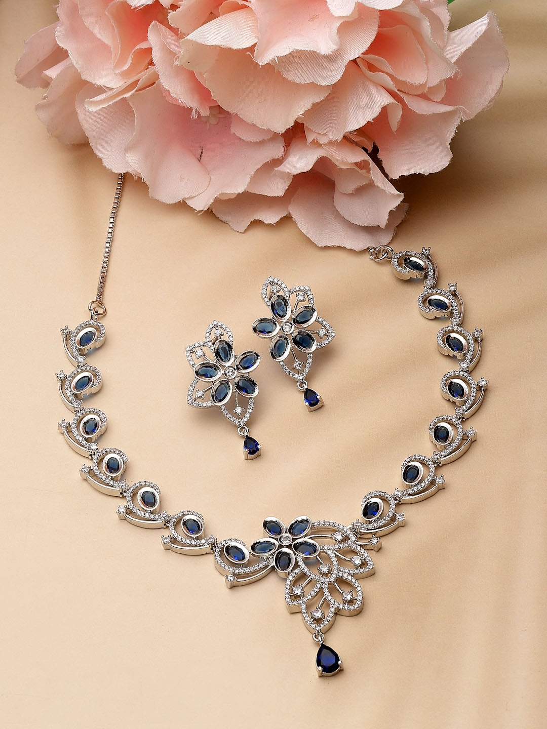 

ZENEME Rhodium-Plated AD-Studded Necklace and Earrings, Silver