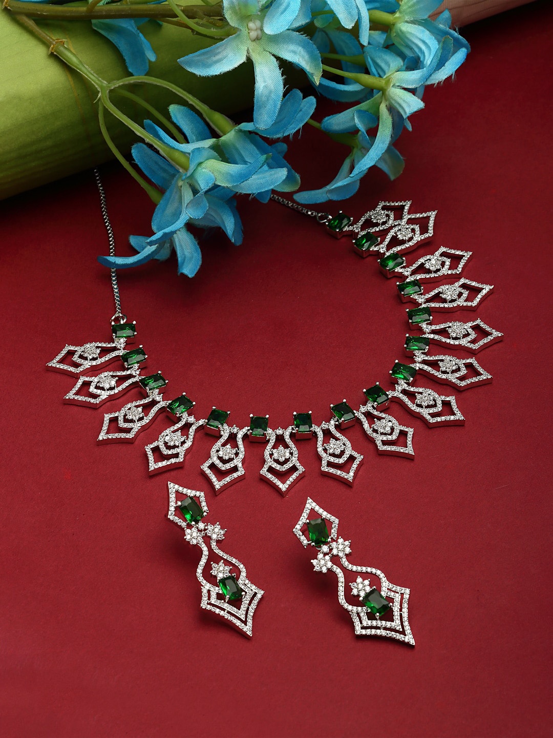 

ZENEME Rhodium-Plated AD-Studded Necklace and Earrings, Silver