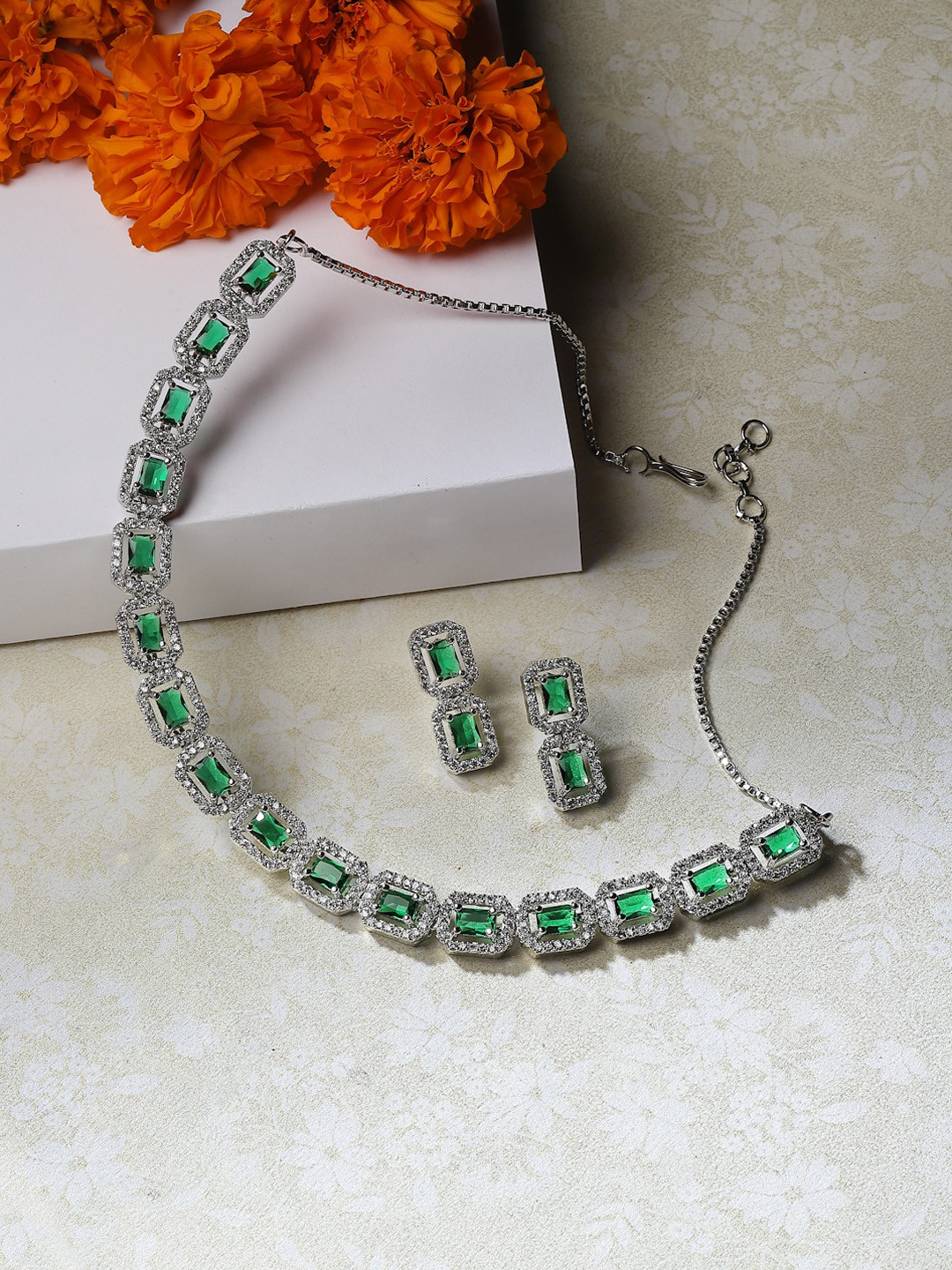 

ZENEME Rhodium-Plated AD-Studded Necklace and Earrings, Silver