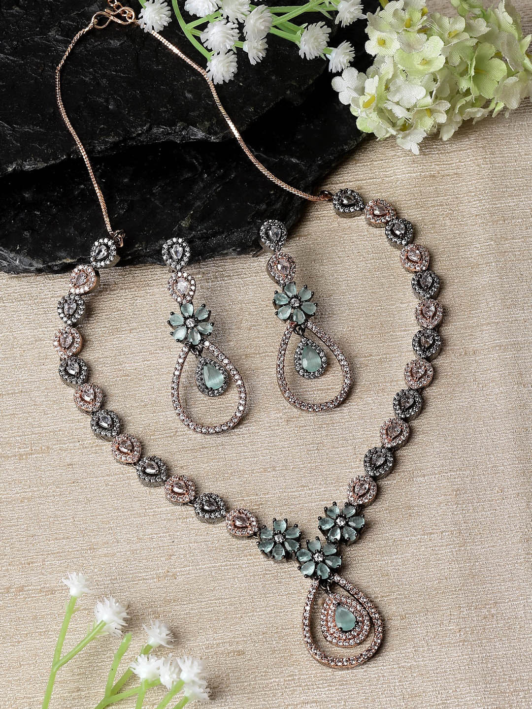 

ZENEME Rose Gold-Plated AD-Studded Necklace and Earrings