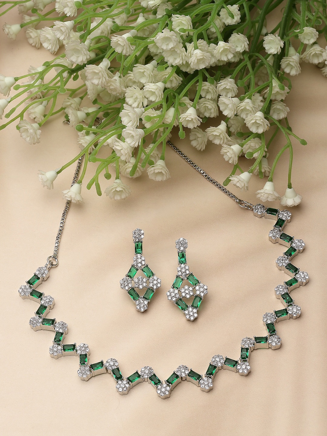 

ZENEME Rhodium-Plated AD-Studded Necklace and Earrings, Silver