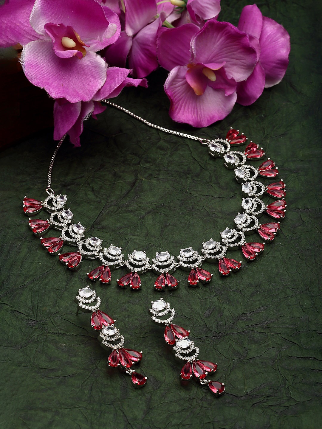 

ZENEME Rhodium-Plated AD-Studded Necklace and Earrings, Silver