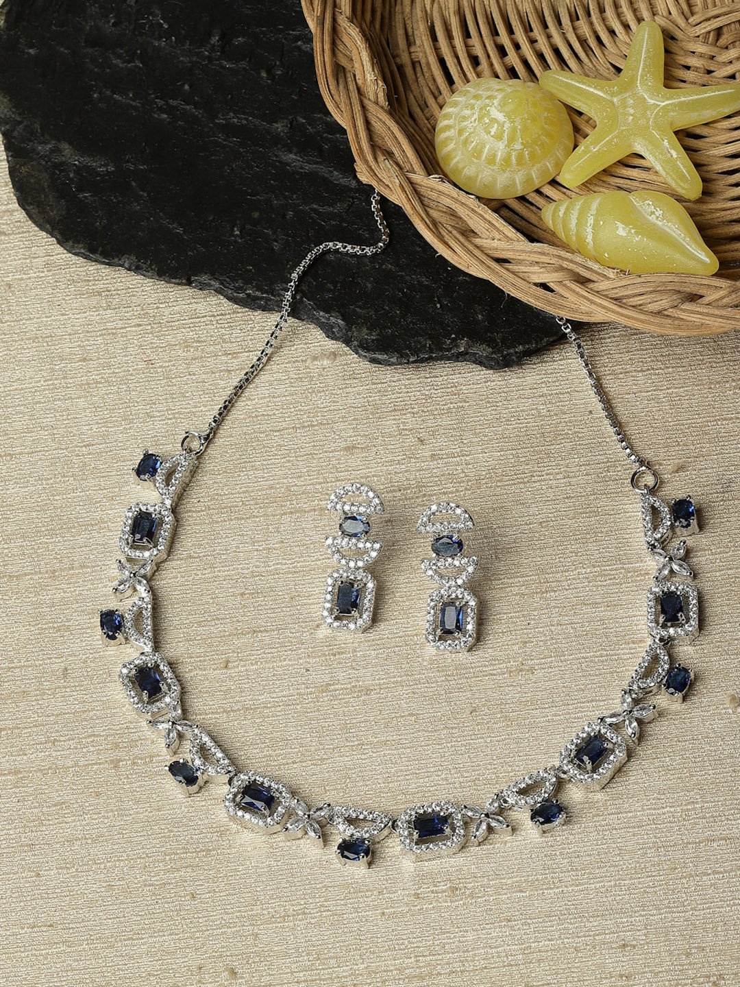 

ZENEME Rhodium-Plated AD-Studded Necklace and Earrings, Silver