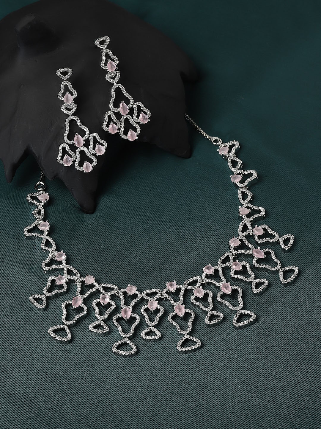 

ZENEME Rhodium Plated AD Studded Jewellery Set, Silver