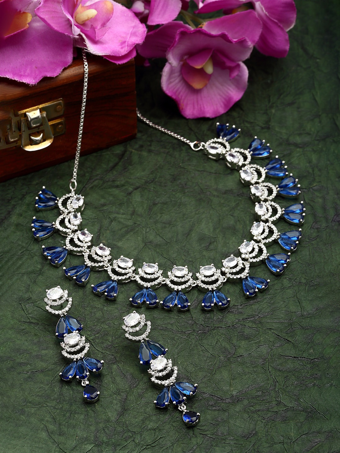 

ZENEME Rhodium Plated AD Studded Jewellery Set, Silver