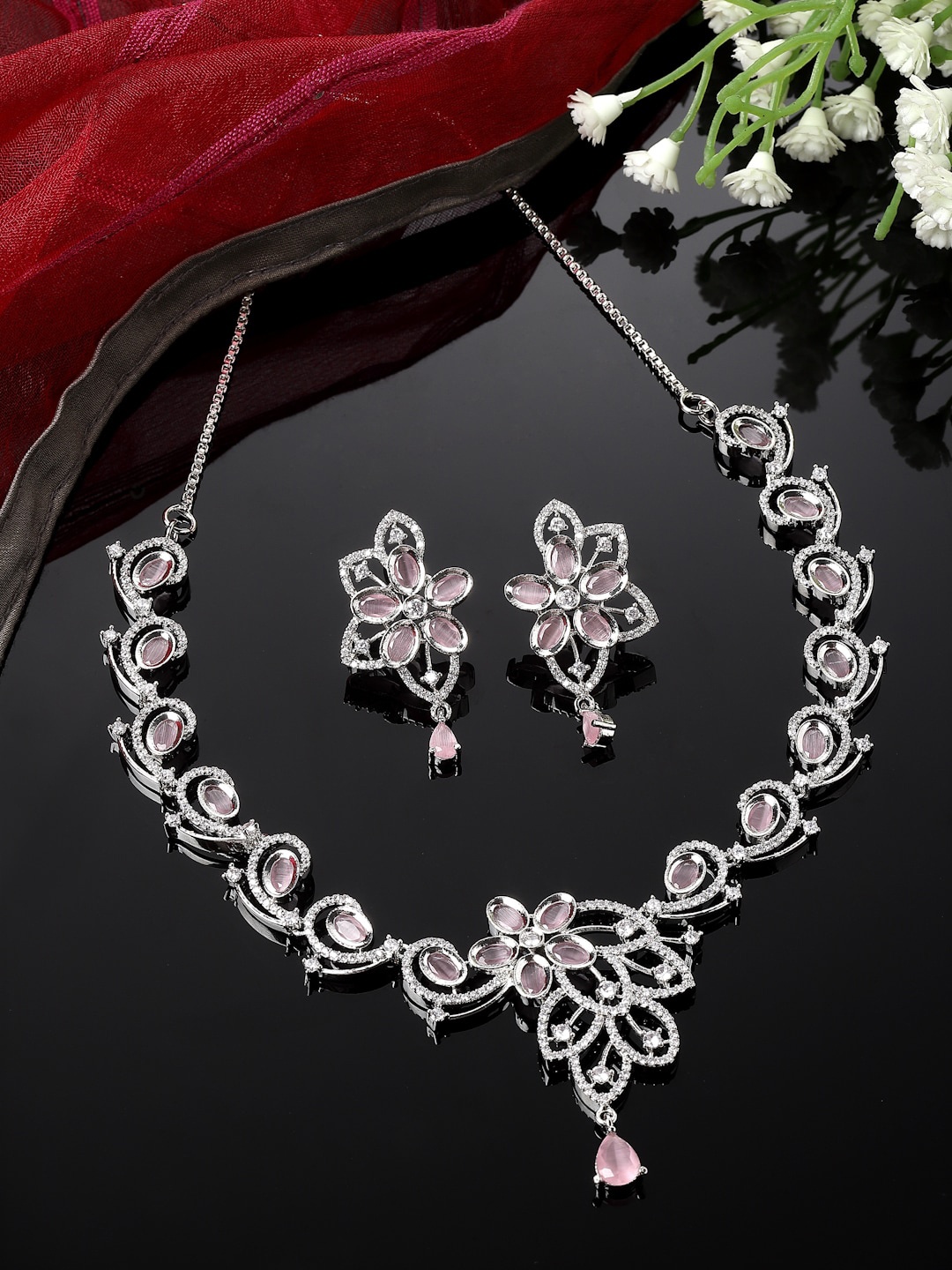 

ZENEME Rhodium-plated American Diamond studded Necklace With Earrings, Silver