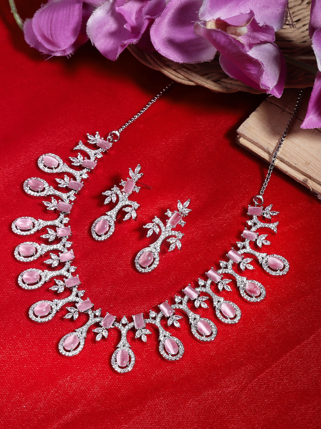 

ZENEME Rhodium-plated American Diamond studded Necklace With Earrings, Silver