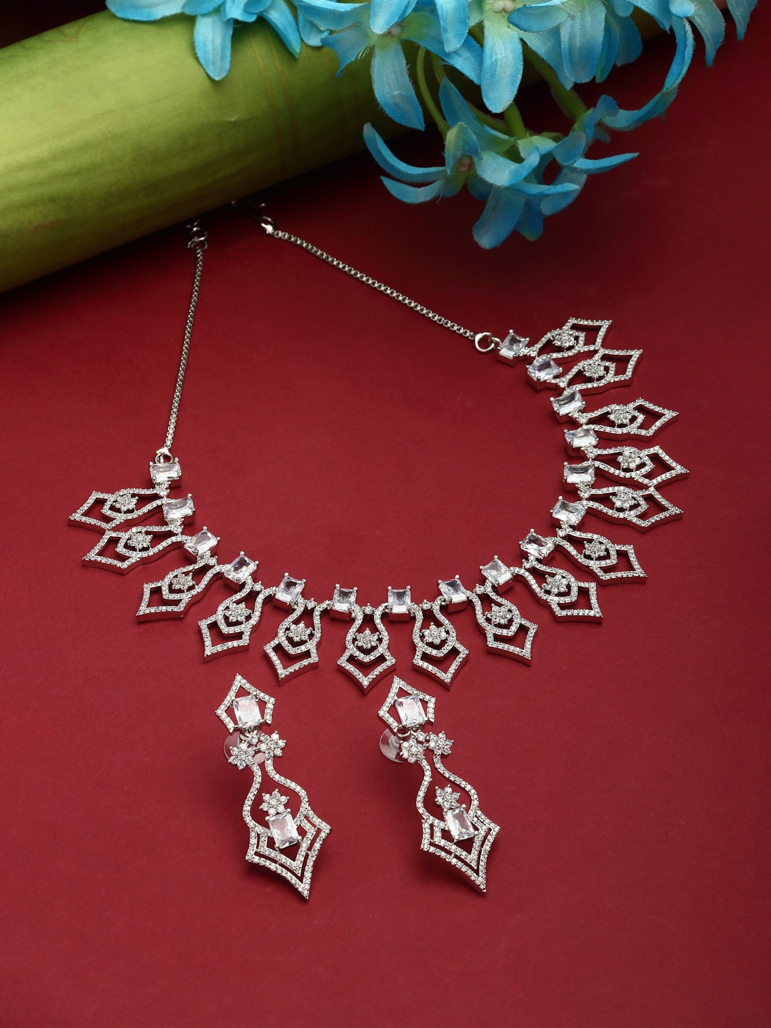 

ZENEME Rhodium-plated American Diamond studded Necklace With Earrings, Silver