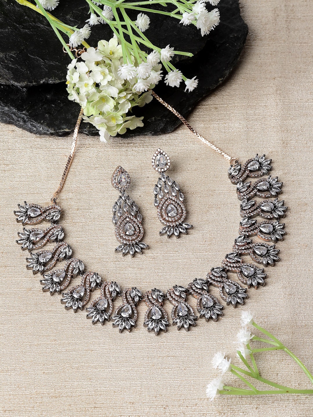 

ZENEME Rose Gold-plated American Diamond studded Necklace With Earrings