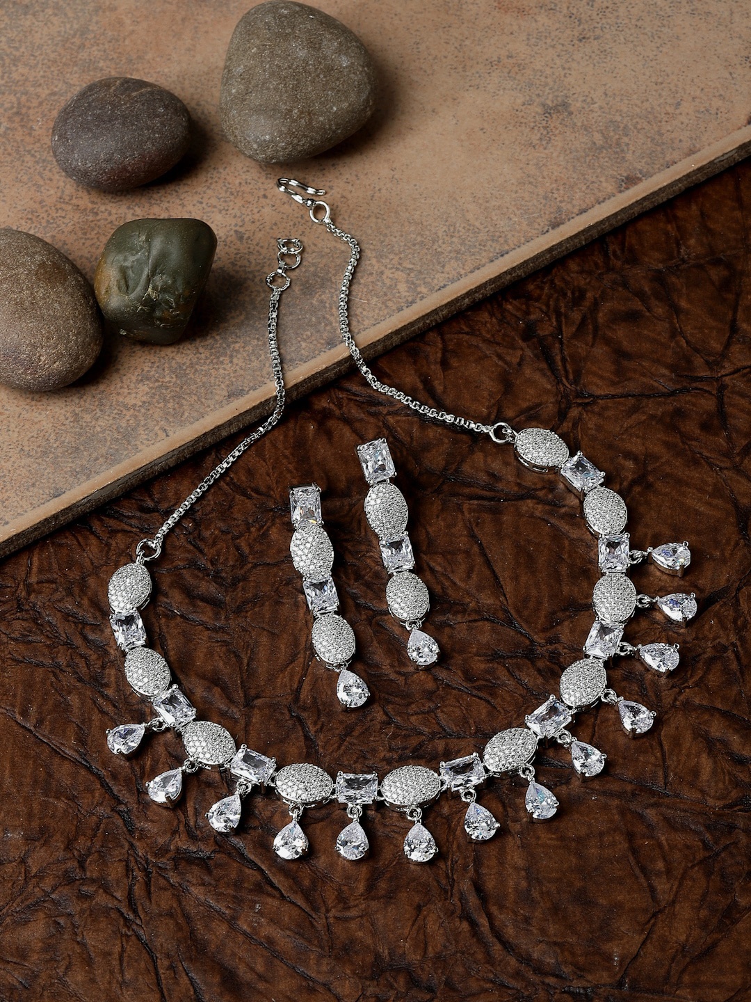 

ZENEME Rhodium-plated American Diamond studded Necklace With Earrings, Silver