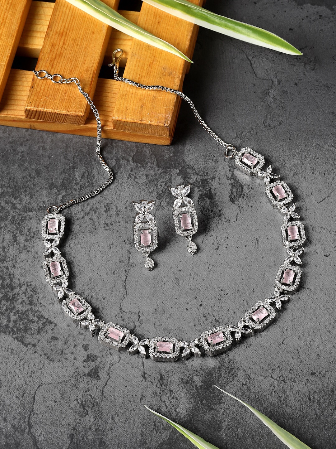 

ZENEME Rhodium-plated American Diamond studded Necklace With Earrings, Silver