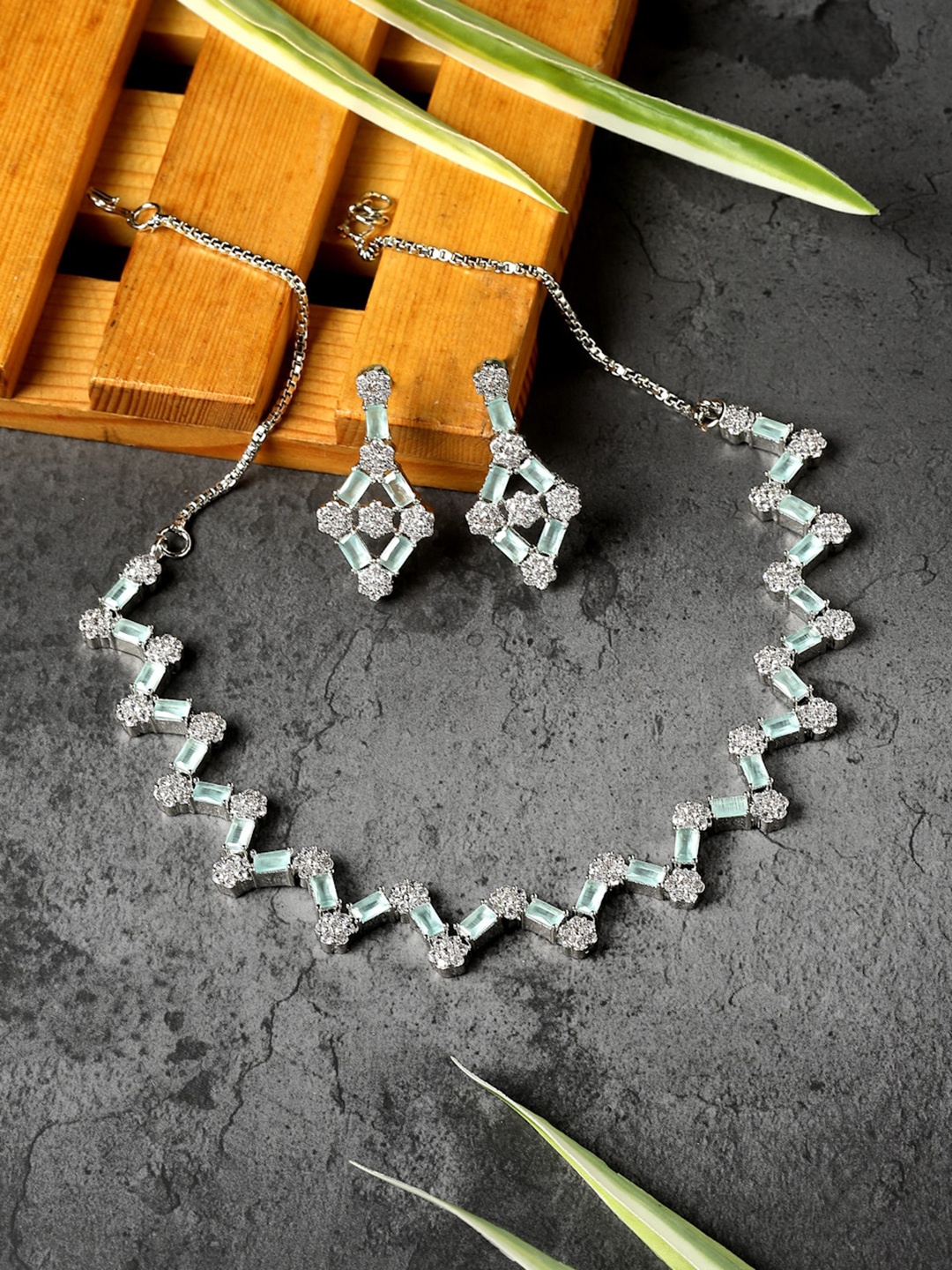 

ZENEME Rhodium-plated Brass American Diamond Jewellery Set, Silver