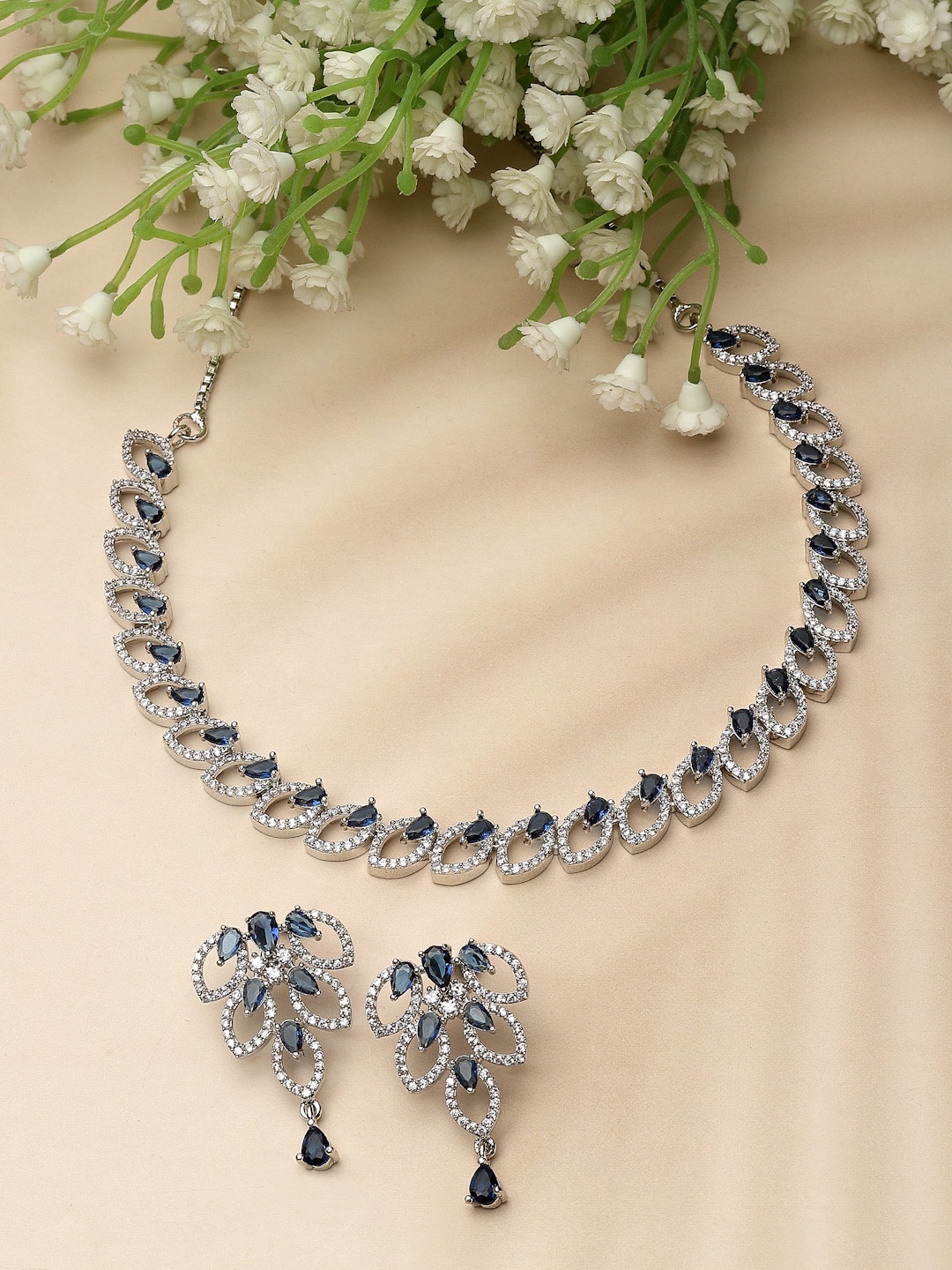 

ZENEME Rhodium-plated Brass American Diamond Jewellery Set, Silver