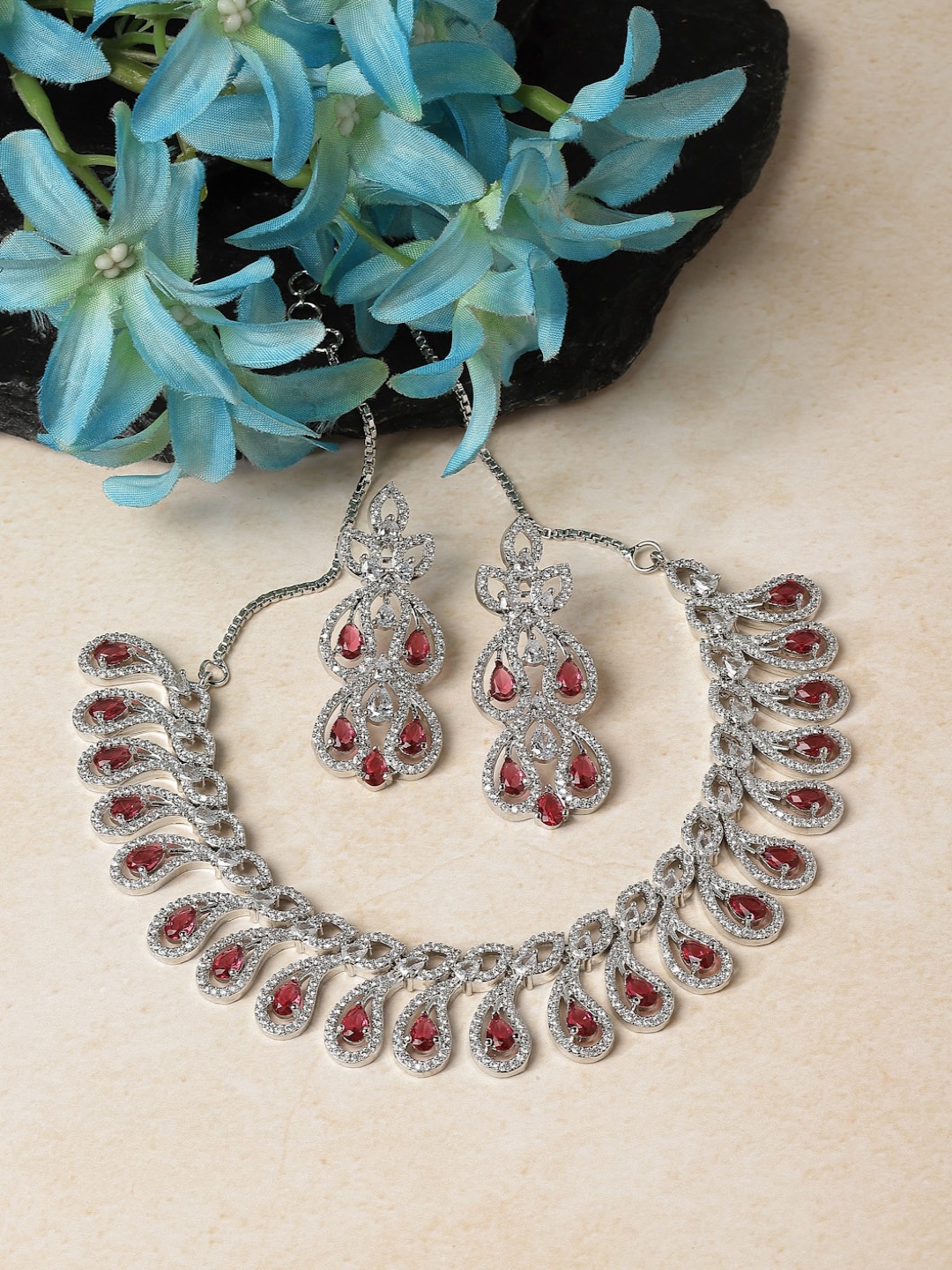 

ZENEME Rhodium-plated Brass American Diamond Jewellery Set, Silver