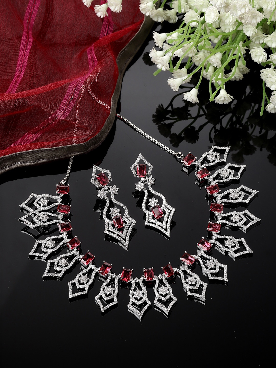 

ZENEME Rhodium-Plated AD-Studded Jewellery Set, Silver
