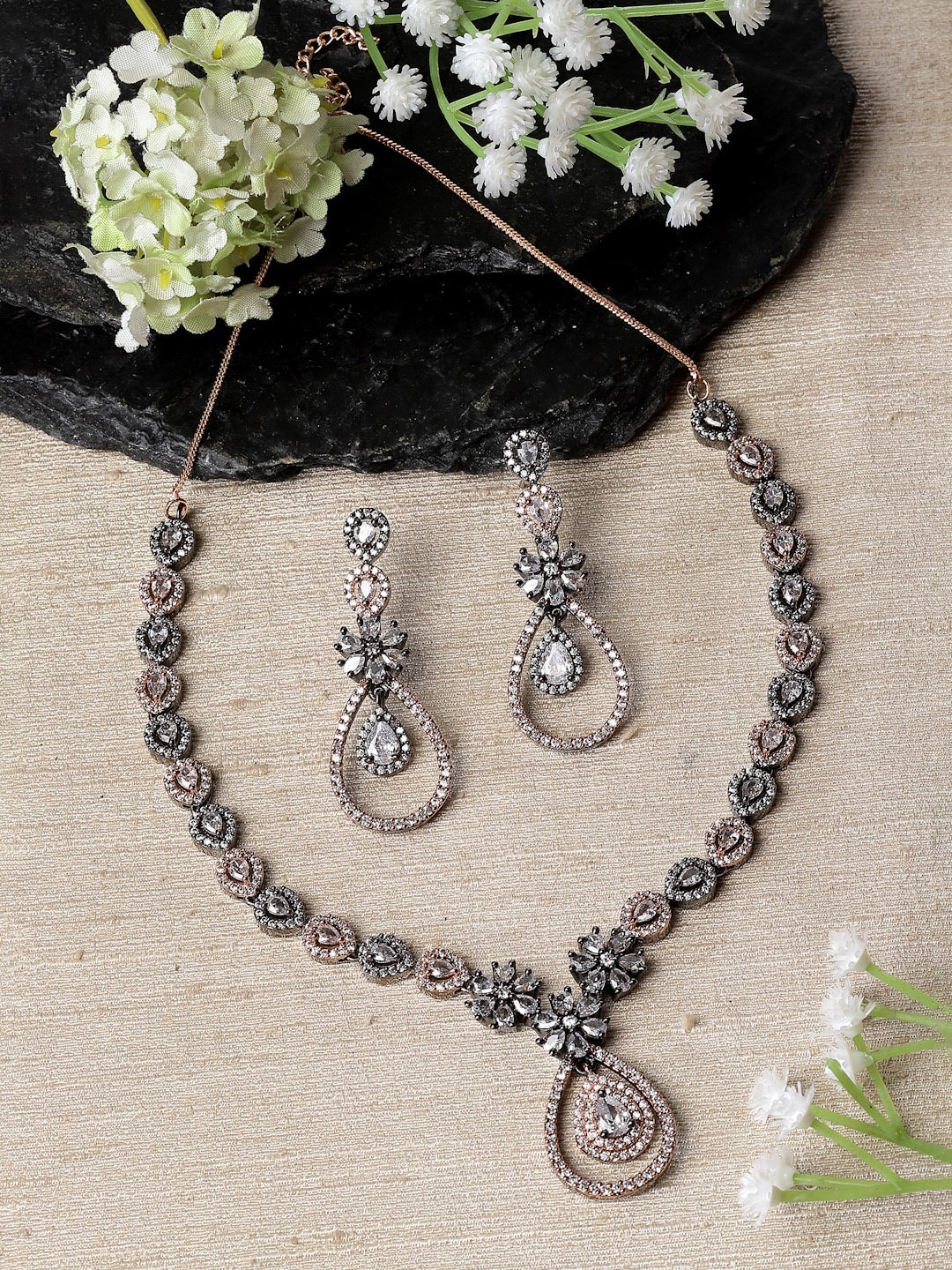 

ZENEME Rose Gold-Plated American Diamond Studded Necklace With Earrings