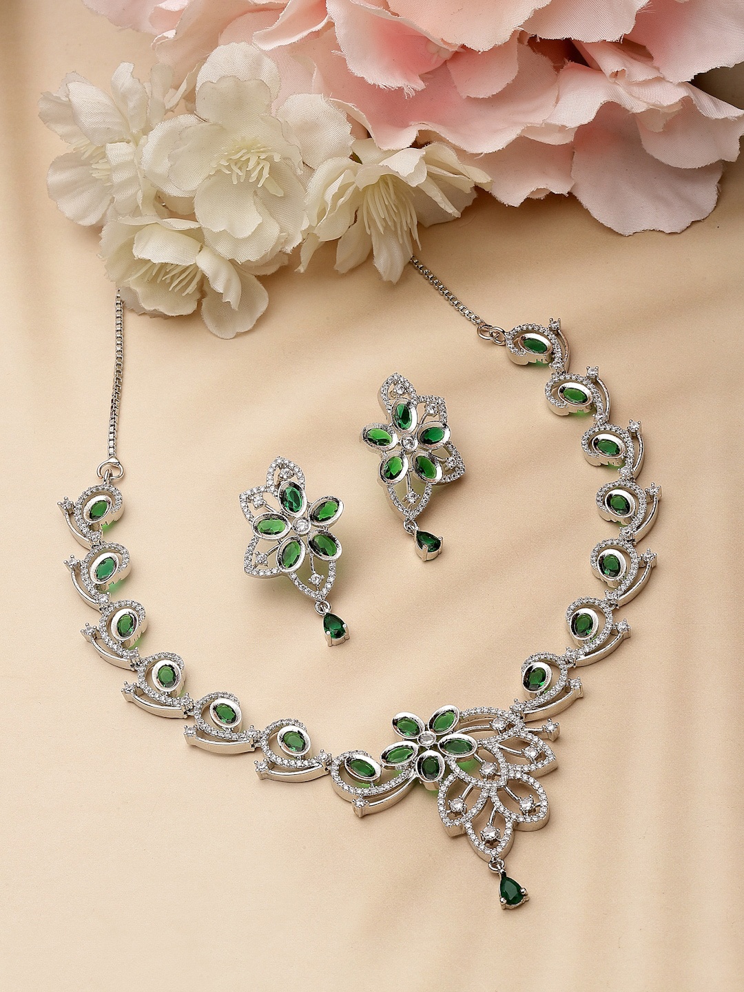 

ZENEME Rhodium-Plated American Diamond Studded Necklace With Earrings, Silver