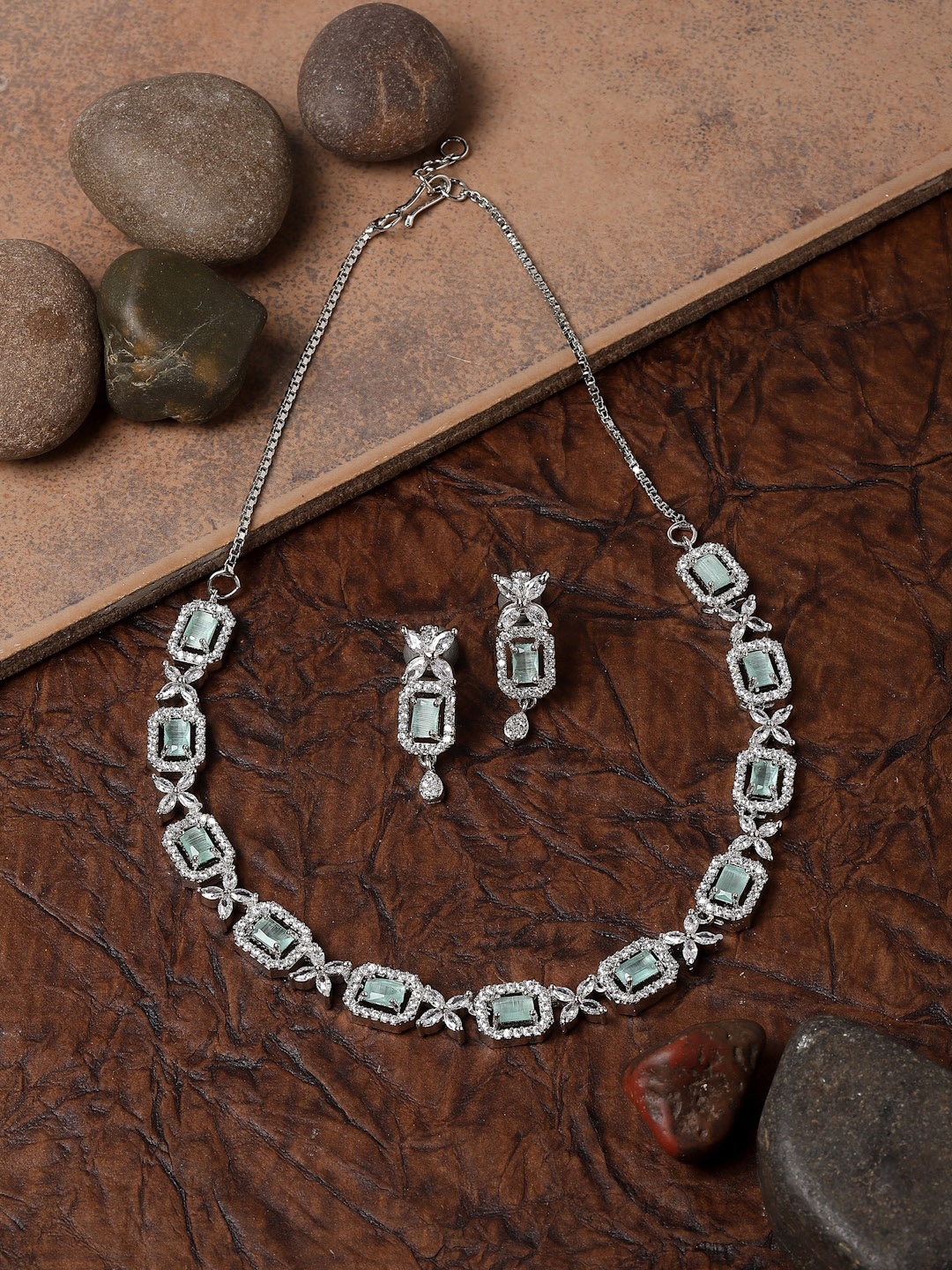 

ZENEME Rhodium-Plated American Diamond Studded Necklace With Earrings, Silver