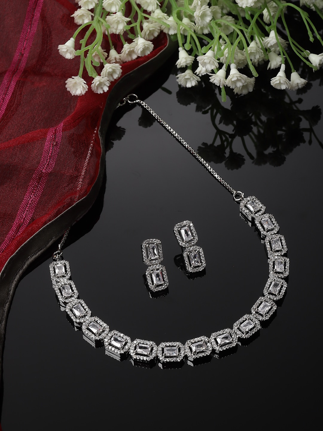 

ZENEME Rhodium-Plated American Diamond Studded Necklace With Earrings, Silver