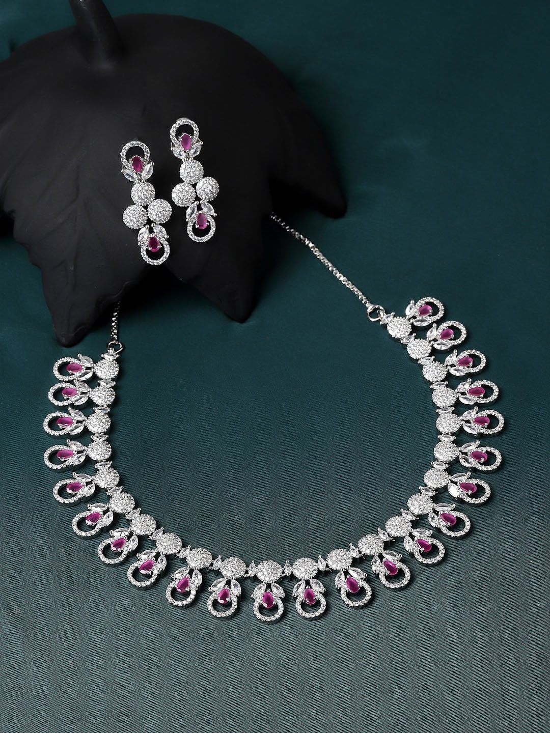 

ZENEME Rhodium-Plated American Diamond Studded Necklace With Earrings, Silver