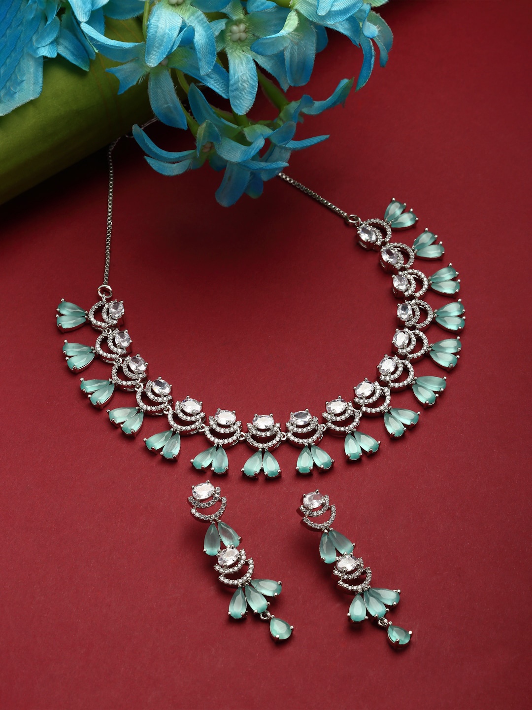 

ZENEME Rhodium-Plated American Diamond Studded Necklace With Earrings, Silver