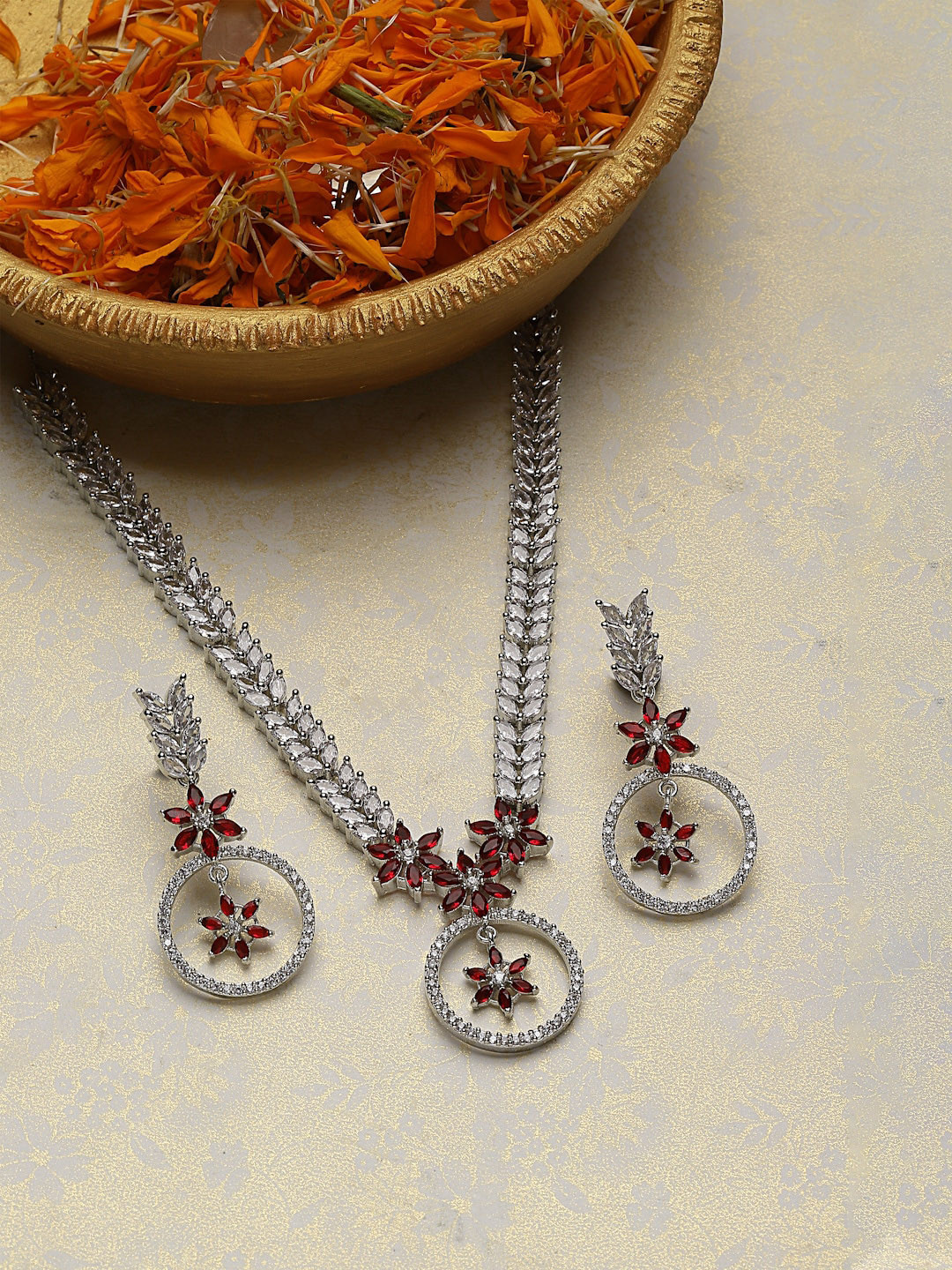 

ZENEME Rhodium-Plated American Diamond Studded Necklace With Earrings, Red