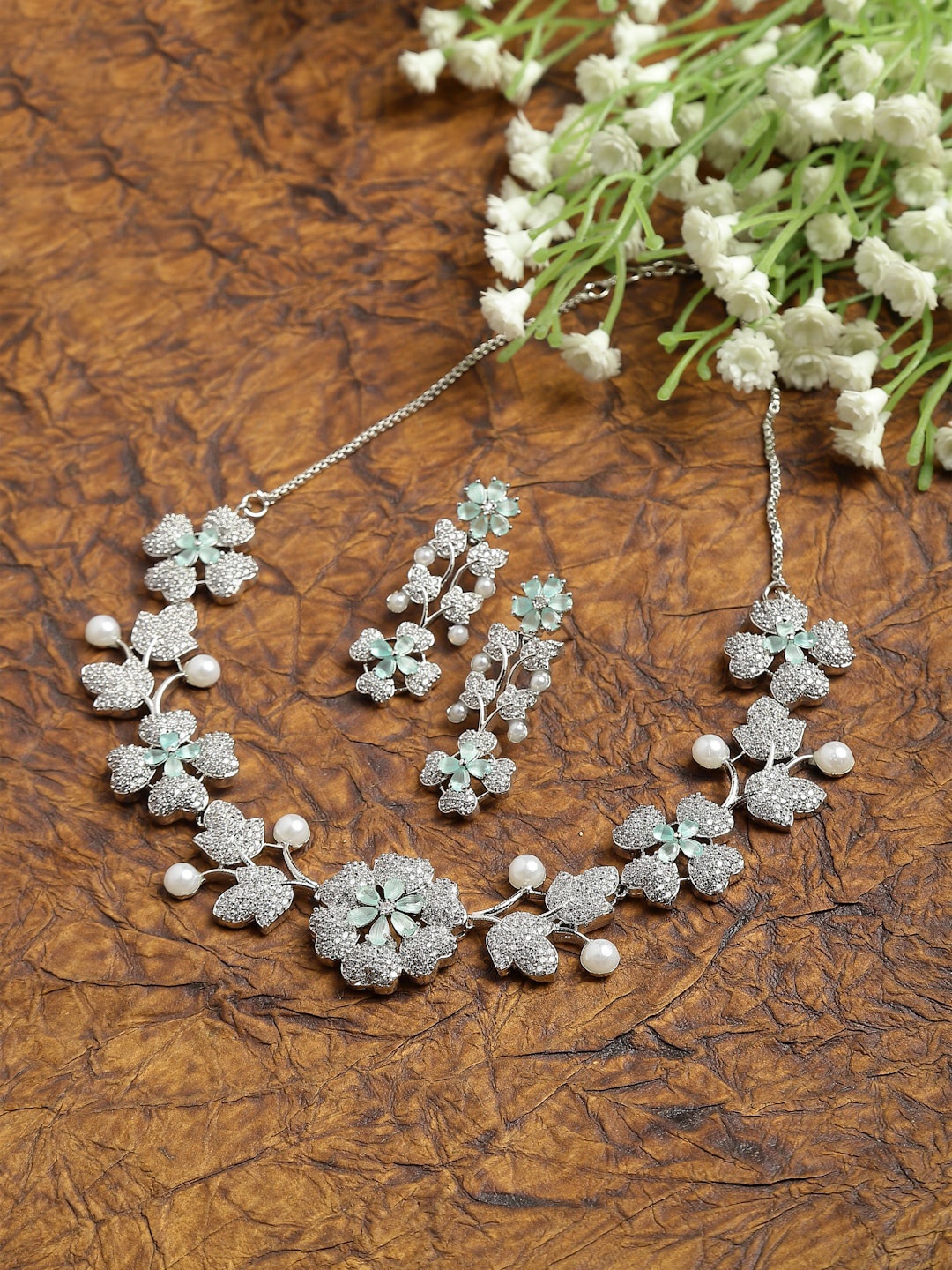

ZENEME Rhodium-Plated CZ-Studded Jewellery Set, Silver