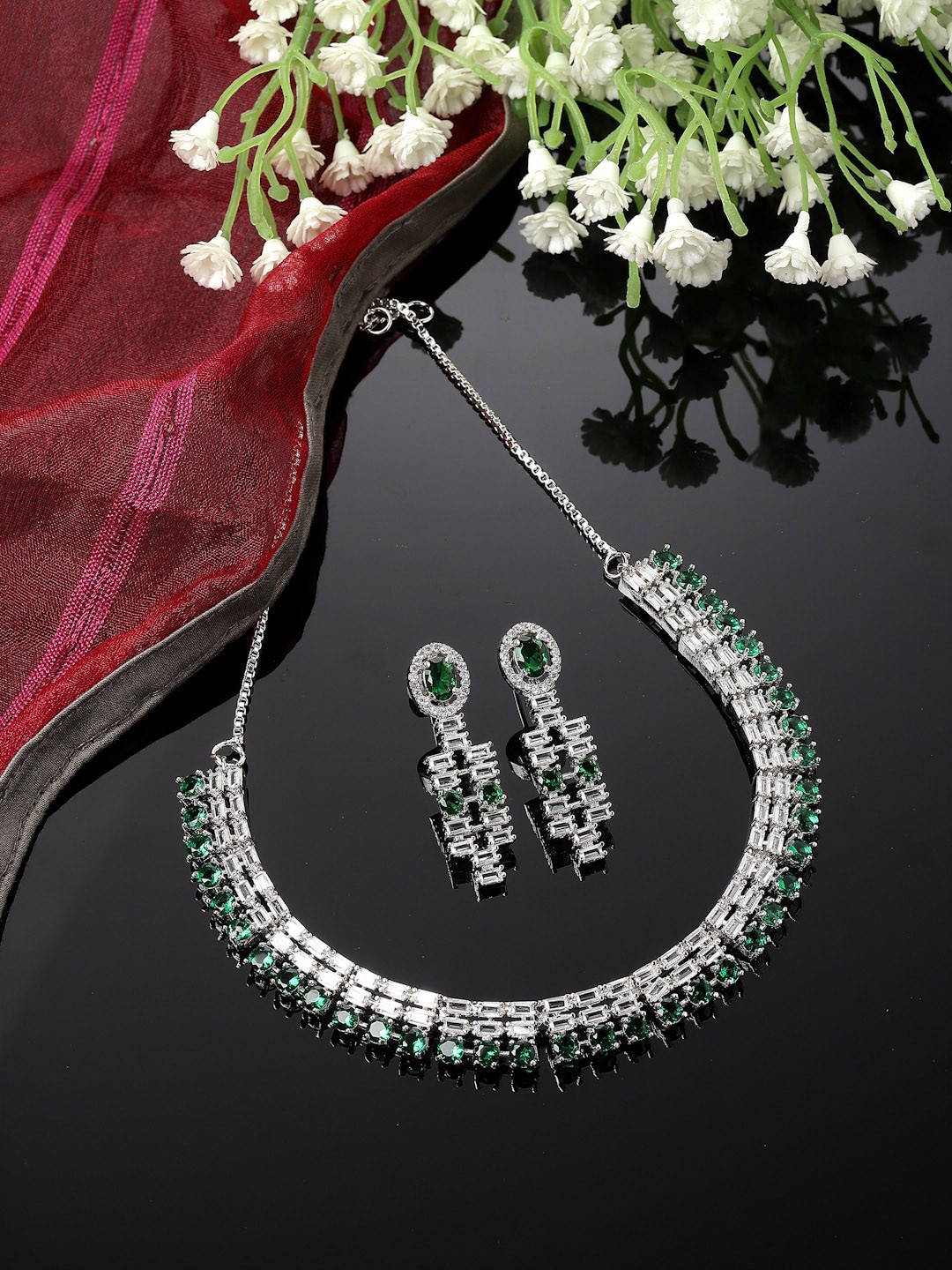 

ZENEME Rhodium-Plated AD-Studded Jewellery Set, Silver