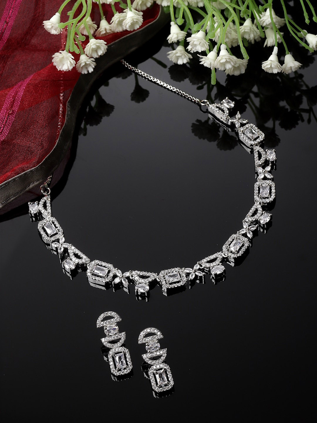 

ZENEME Rhodium-Plated AD-Studded Jewellery Set, Silver