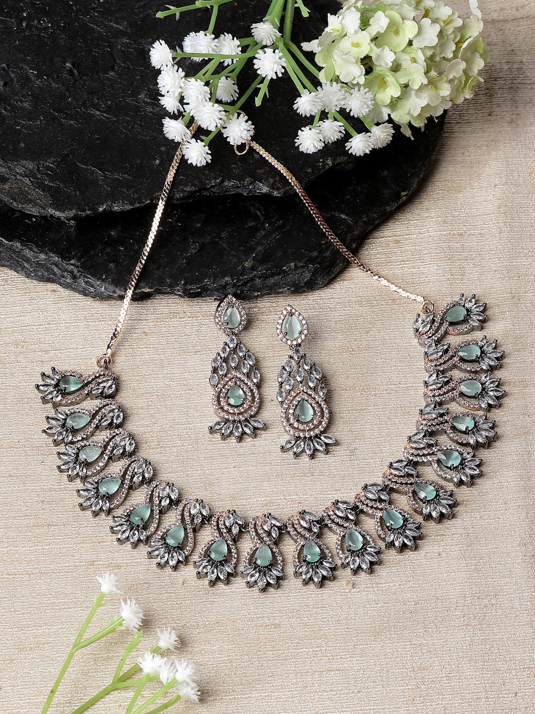

ZENEME Rose Gold-plated American Diamond-studded Necklace & Earrings