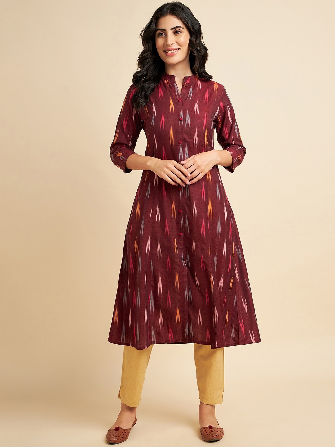 

Azira Abstract Printed Mandarin Collar Pure Cotton A Line Kurta, Maroon