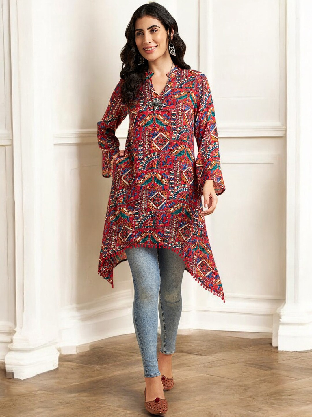 

Azira Ethnic Motifs Printed Flared Sleeves A-Line Kurta, Red
