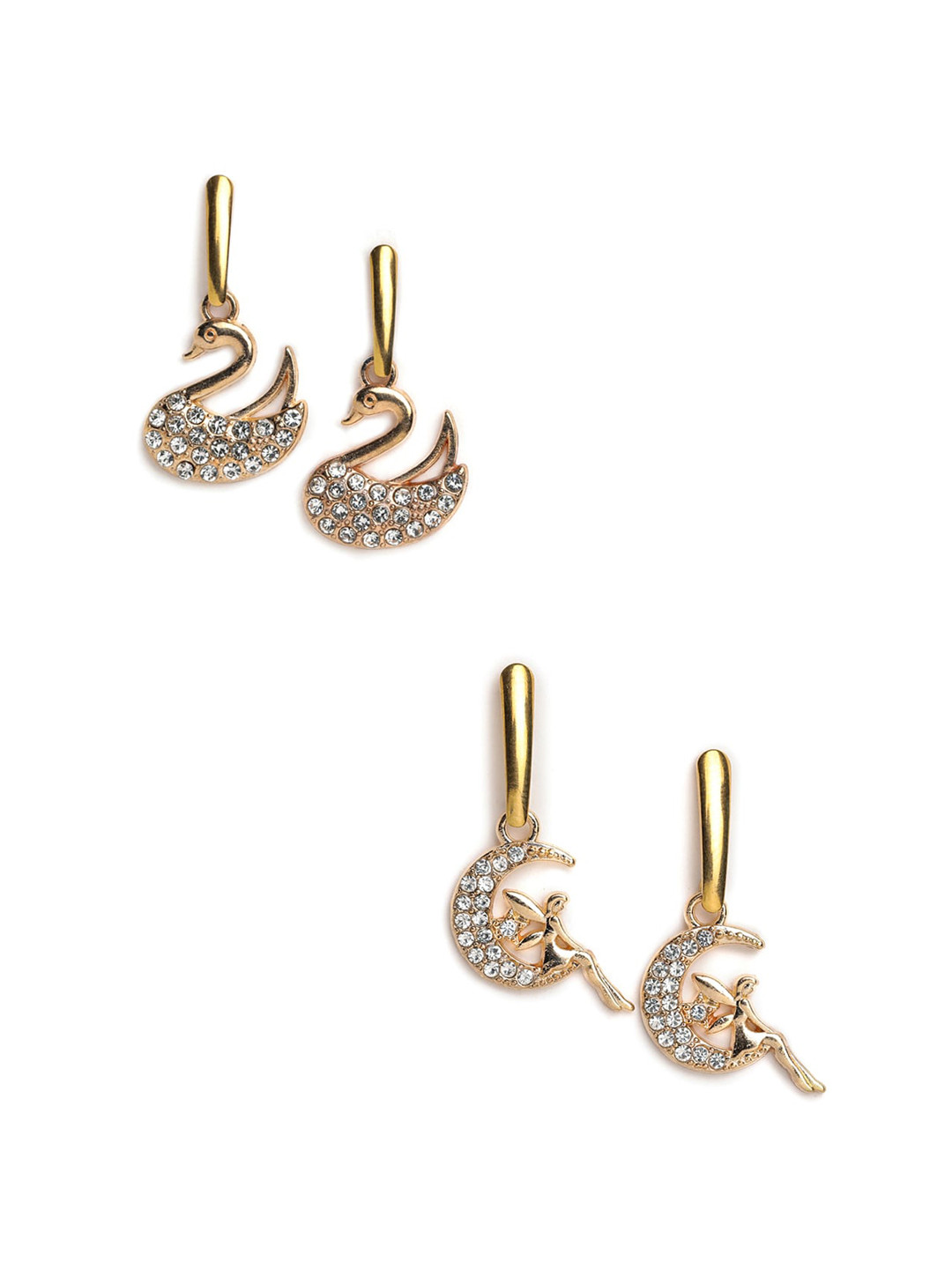 

EL REGALO Set Of 2 Artificial Stones-Studded Contemporary Drop Earrings, Gold