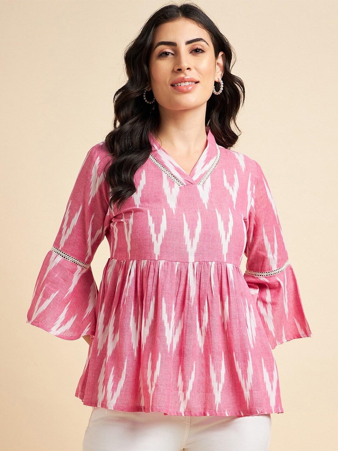 

Azira Ethnic Motif Printed Bell Sleeves Cotton Top, Pink