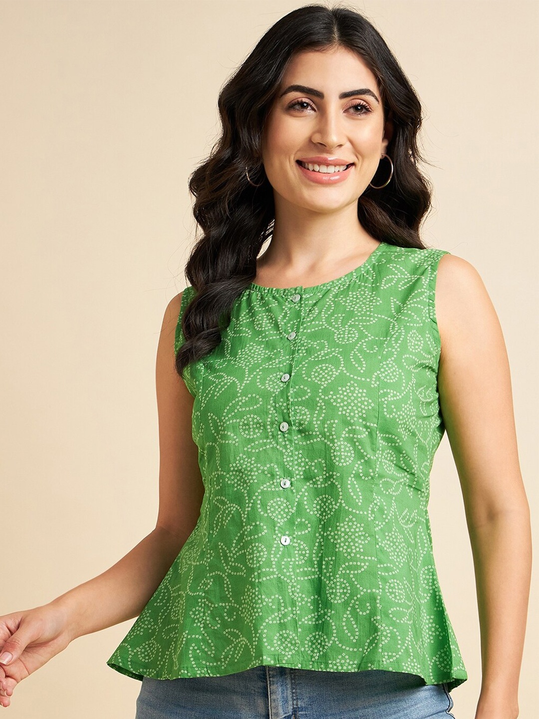 

Azira Bandhani Printed Cotton Top, Green